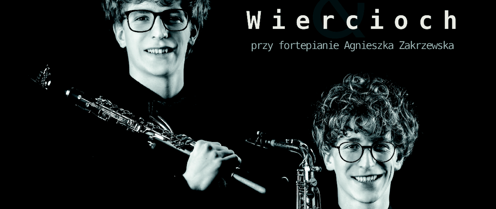 Plakat zapowiadający Recital Dyplomowy Antoniego Bartłomieja Wierciocha (klarnet i saksofon), który odbędzie się 30 kwietnia 2026 r. o godzinie 17:30 w MDK Giszowiec w Katowicach. Na plakacie widnieją zdjęcia solisty z instrumentami oraz nazwiska kompozytorów i pedagogów.