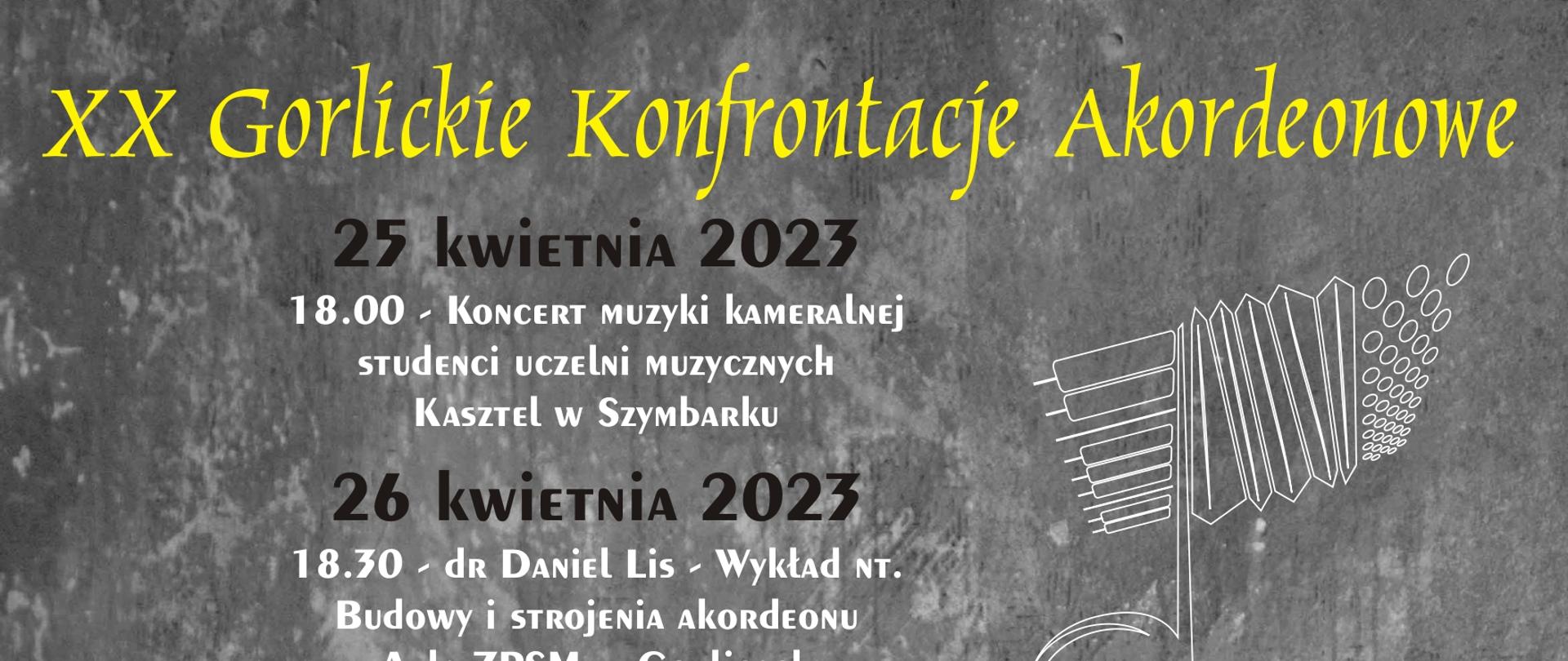 Plakat XX Gorlickich Konfrontacji Akordeonowych - 25-27 kwietnia. Akordeon w tle. 