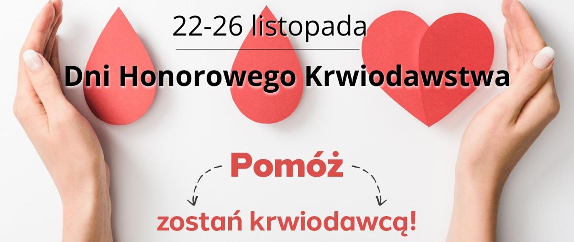 Dłonie pomiędzy którymi są wycięte z papieru krople krwi, które łączą się w serce