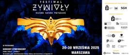 Plakat promujący Festiwal Żywioły 2025, który odbędzie się w Warszawie w dniach 20-30 września. Tło obrazu przedstawia dynamiczną, mroczną scenerię, w której na pierwszym planie widnieje postać o złotych skrzydłach, przypominająca rzeźbę. Postać ma wyrazistą twarz i jest otoczona niebieskimi płomieniami, co sugeruje tematykę związana z żywiołami – ogniem, naturą i energią. W górnej części plakatu widoczny jest tytuł festiwalu „Festiwal Żywioły” oraz dodatkowe informacje o programie wydarzeń: koncert symfoniczny oraz wystawa konkursu plastycznego. W dolnej części znajdują się daty festiwalu oraz informacje o partnerach, organizatorach i patronach medialnych. Plakat ma nowoczesny, energetyzujący charakter, idealnie pasujący do tematu wydarzenia, który łączy kulturę, naturę i przyszłość.