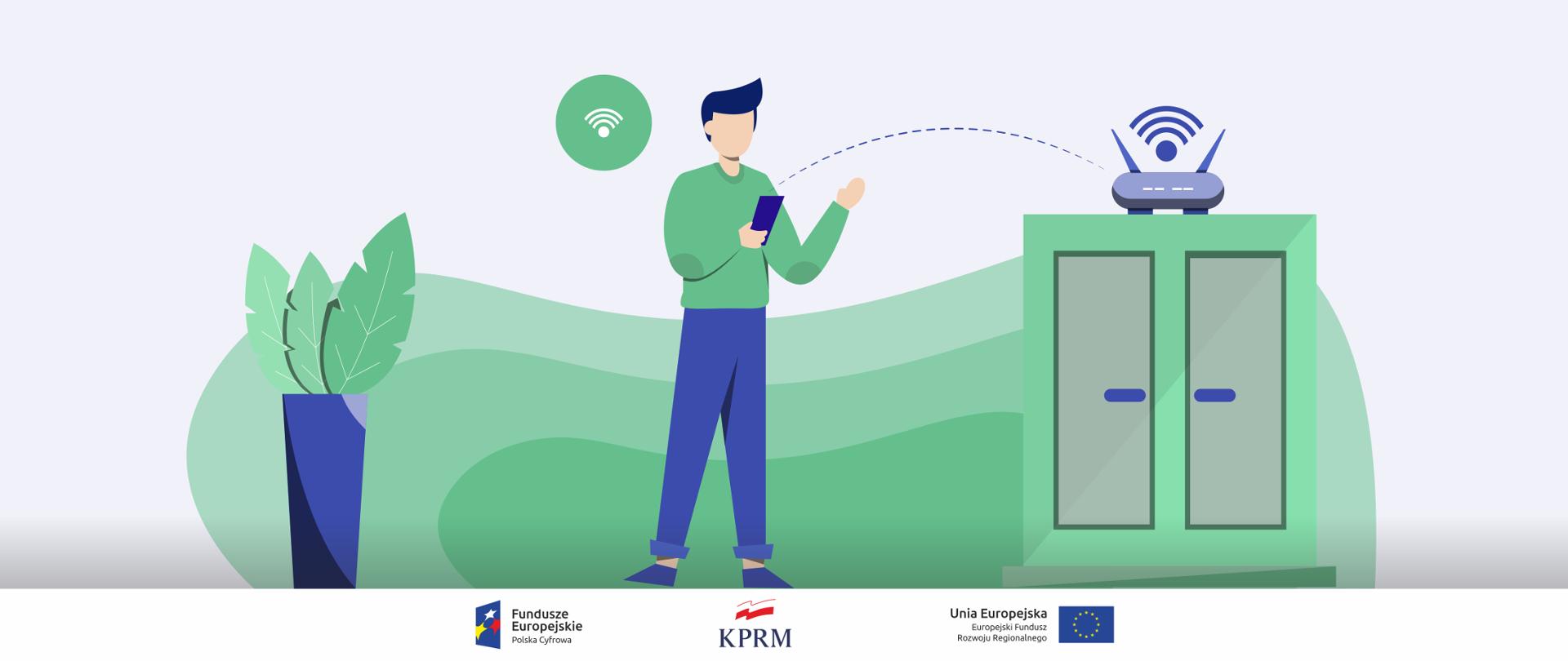 Grafika wektorowa w niebiesko-zielono-białych kolorach. Na środku mężczyzna stoi w mieszkaniu, w dłoniach trzyma telefon komórkowy. Z prawej strony - szafka, na której stoi router wi-fi. Pomiędzy trzymanym przez mężczyznę telefonem i routerem - przerywana linia, symbolizująca połączenie internetowe. Po lewej stronie mężczyzny - stojący na podłodze kwiat doniczkowy.