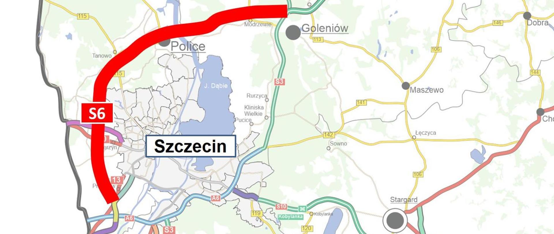 Mapa dróg - z zaznaczoną czerwoną linią zachodnią obwodnicą Szczecina