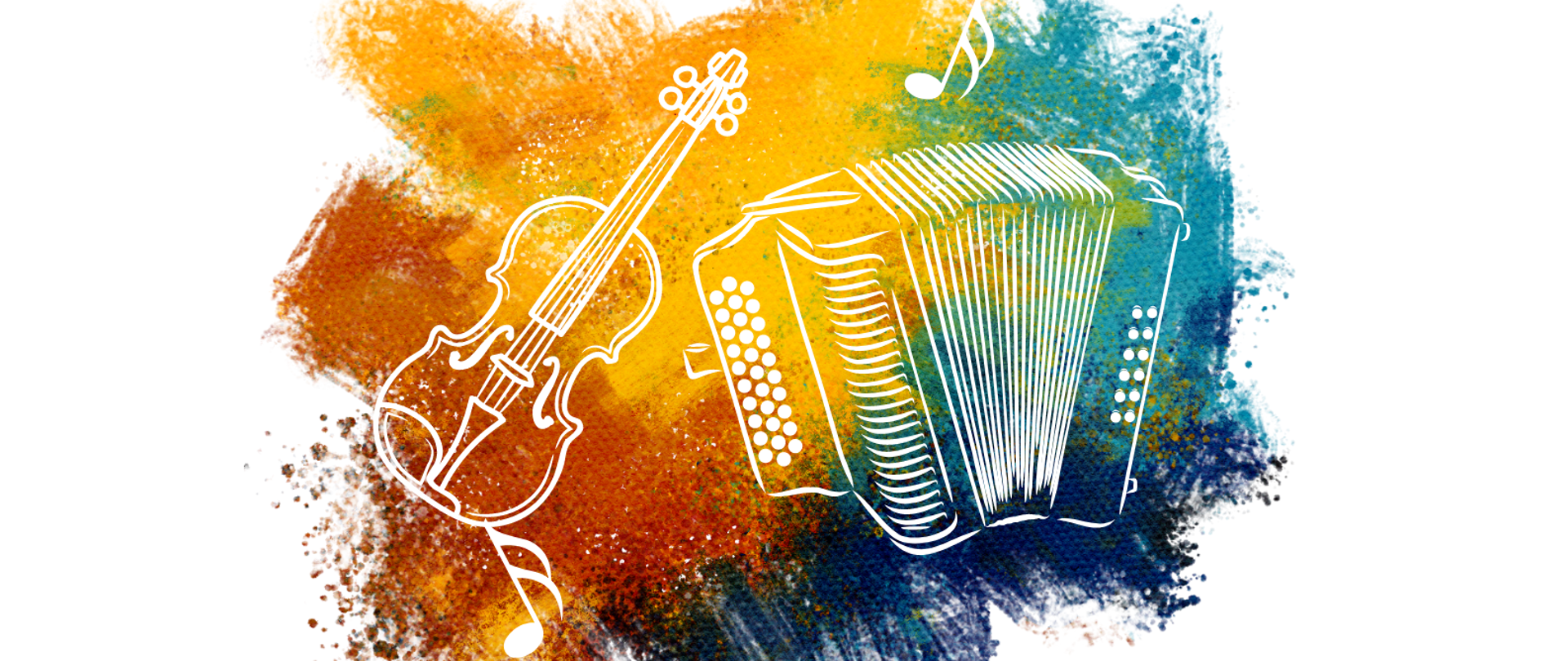 Biały plakat recitalu skrzypcowo-akordeonowego uczniów Ogólnokształcącej Szkoły Muzycznej I i II stopnia we Wrocławiu. Na górze strony na zółto-niebieskim tle graficzne przedstawienie skrzypiec i akordeonu. Na dole strony zawarte są informacje o terminie i miejscu popisu. 