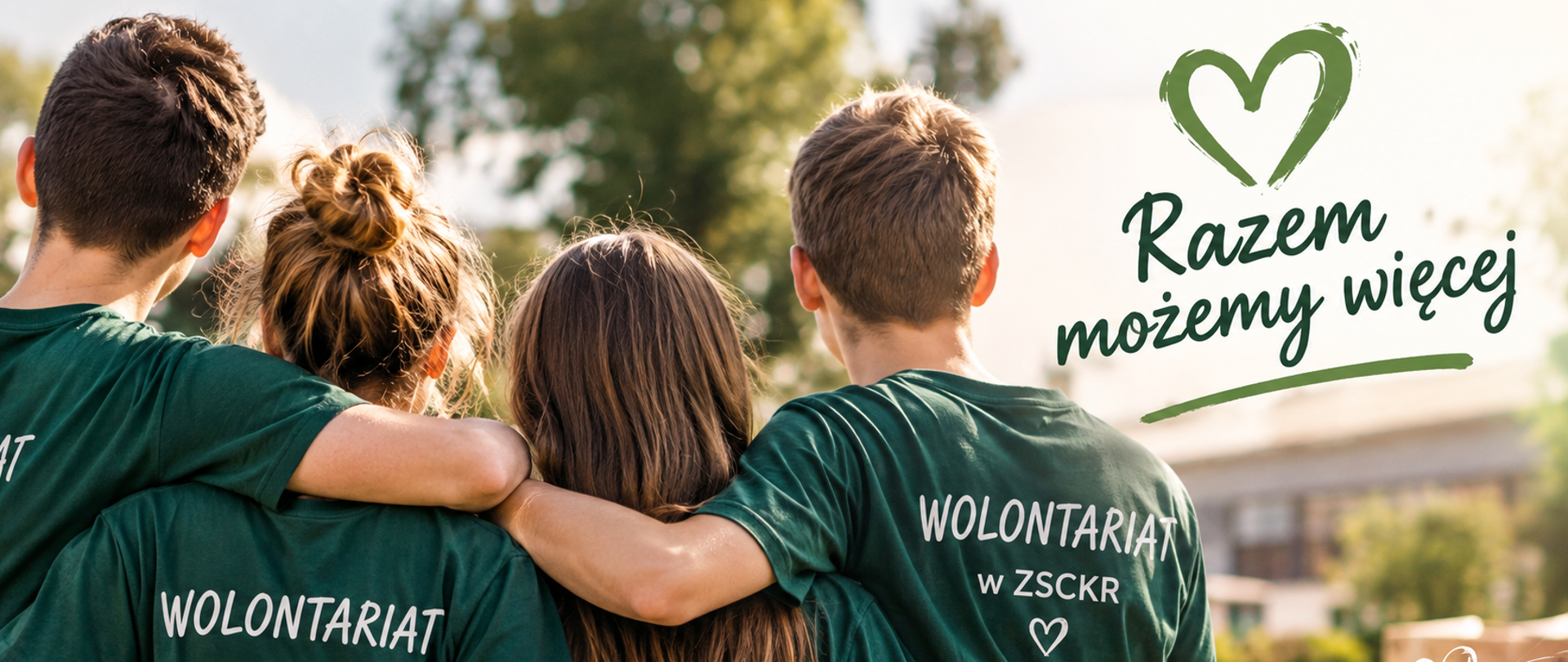 Zdjęcie osób z napisami na koszulkach "Wolontariat w ZSCKR"