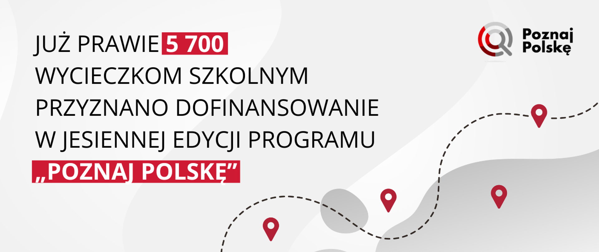 Grafika - na białym tle zarys kawałka mapy i napis Już prawie 5700 wycieczkom szkolnym przyznano dofinansowanie w jesiennej edycji programu "Poznaj Polskę".