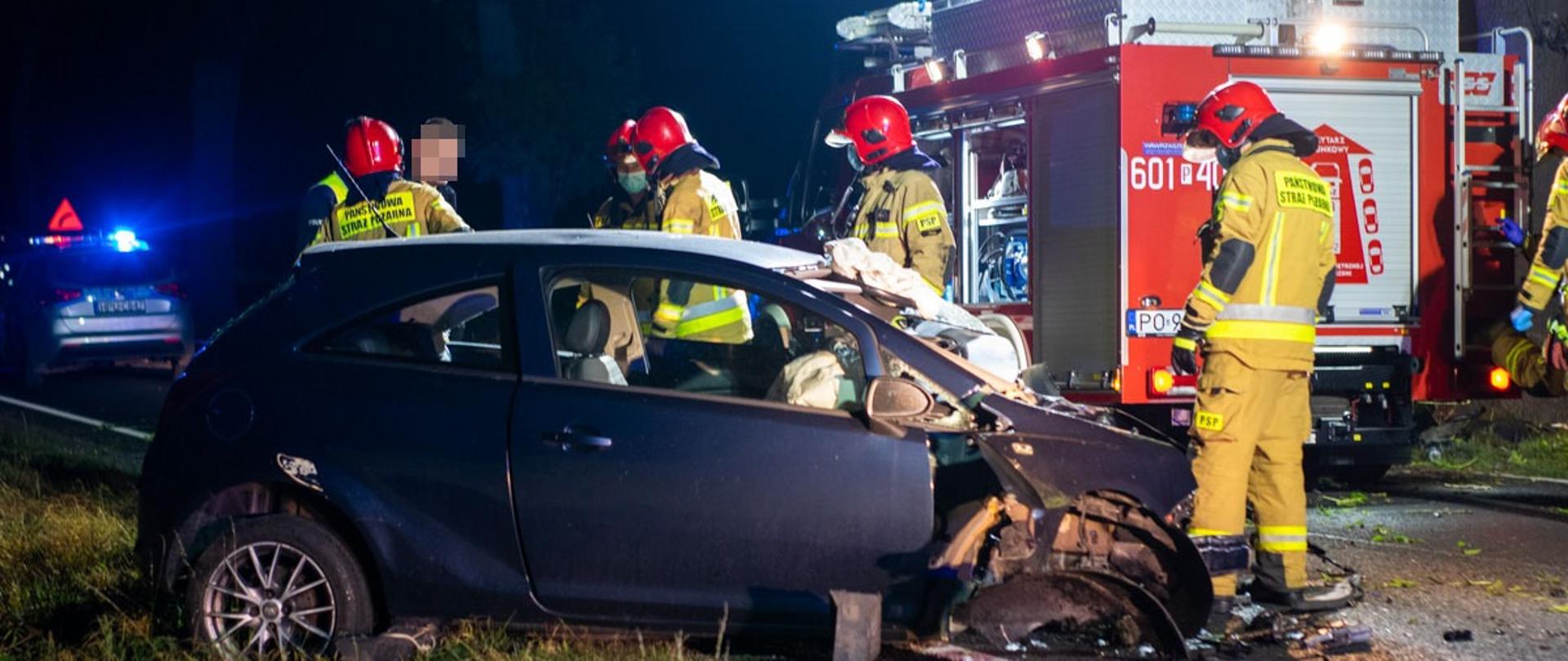 Służby ratunkowe podczas działań przy rozbitym pojeździe.