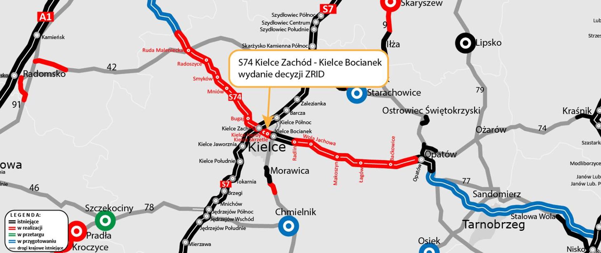 S74 Kielce Zachód - Kielce mapa