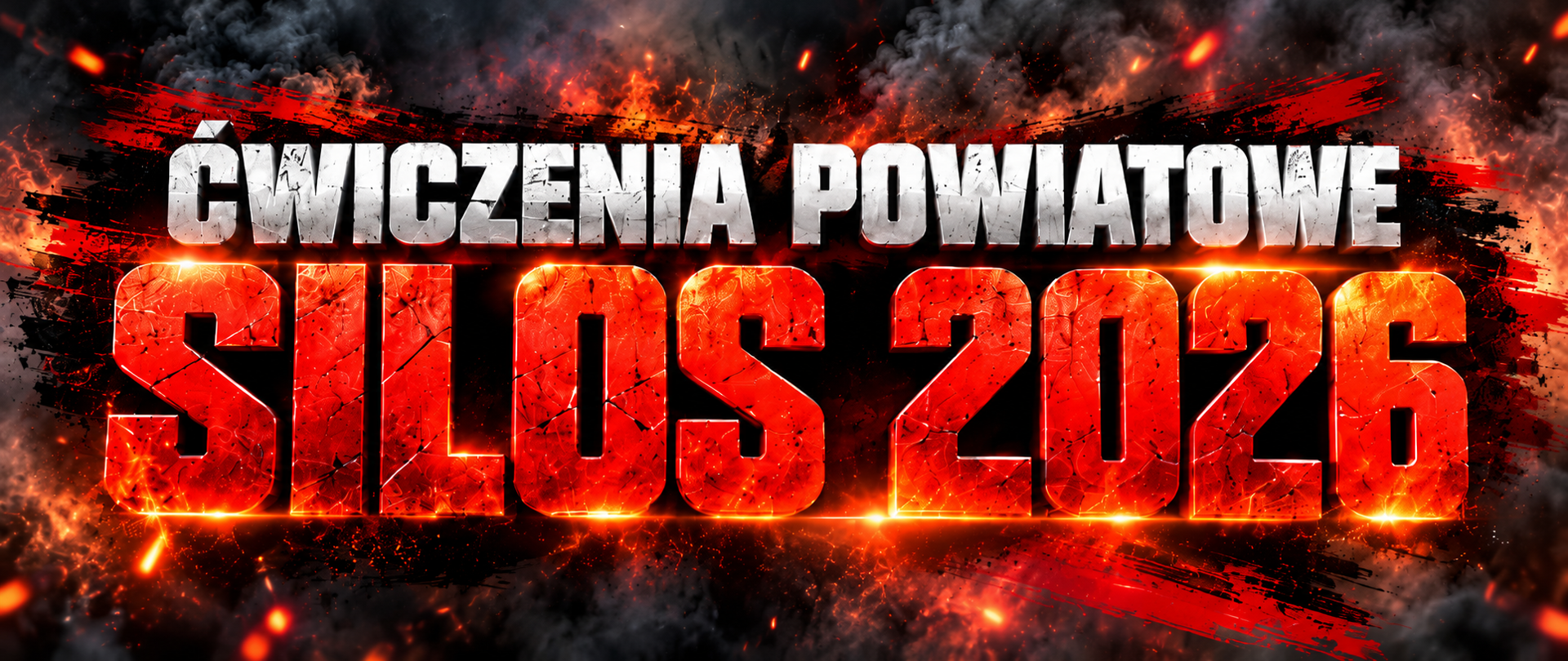 Napis ćwiczenia powiatowe - SILOS 2026, na tle czerwono czarnym. 