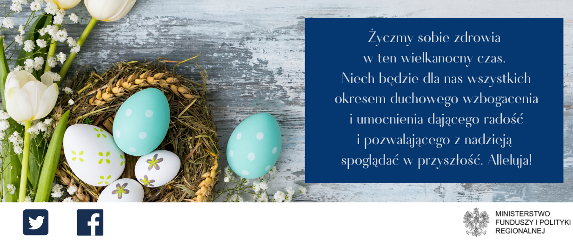 Koszyczek z wielkanocnymi pisankami, obok biały tulipan. Po prawej napis: Życzmy sobie zdrowia w ten wielkanocny czas. Niech będzie dla nas wszystkich okresem duchowego wzbogacenia i umocnienia dającego radość i pozwalającego z nadzieją spoglądać w przyszłość. Alleluja! 