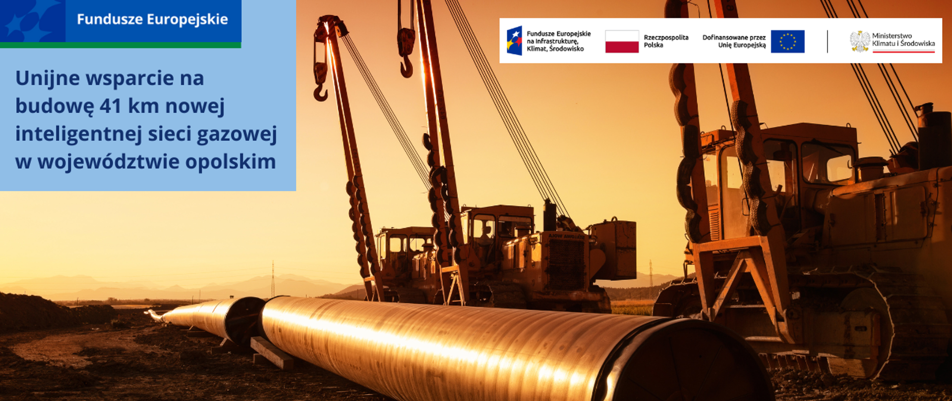 Budowa gazociągu. Widok maszyn do układania infrastruktury gazowe oraz ciąg rur gazowych