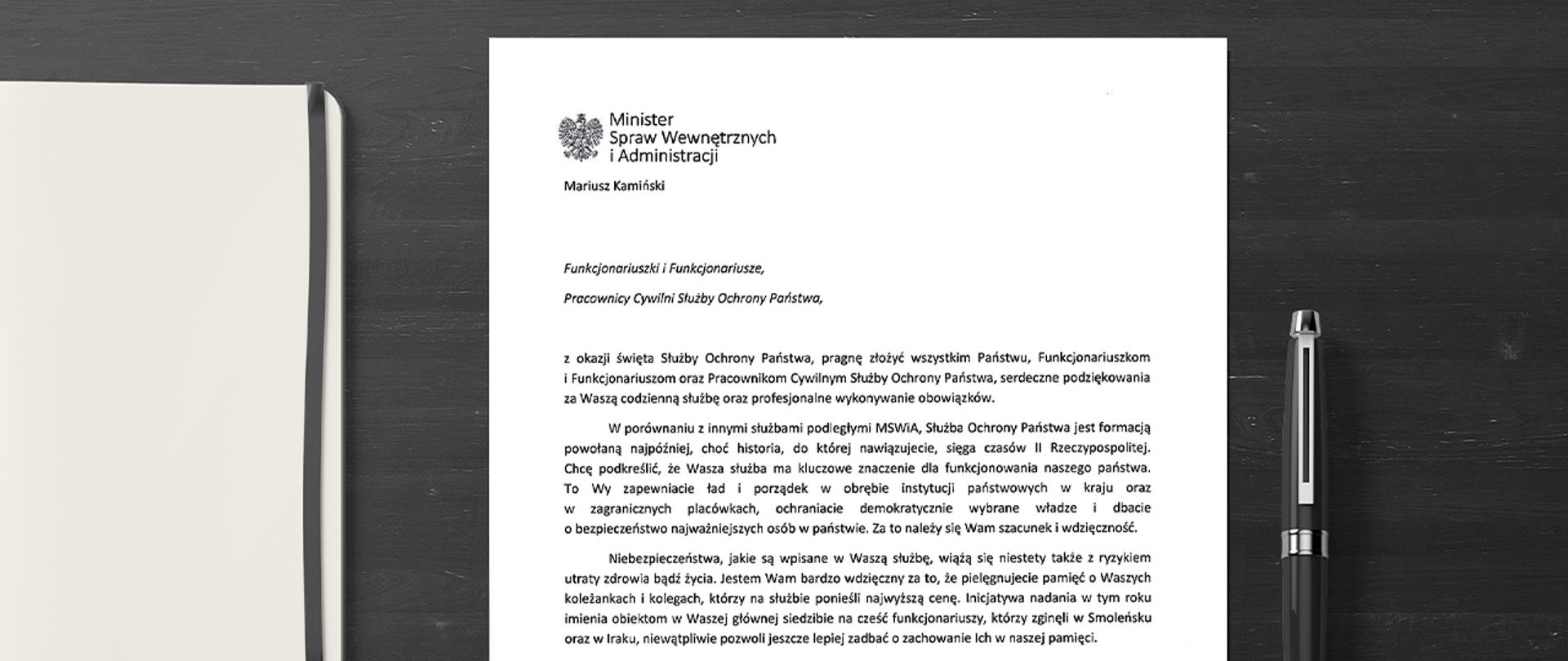 List ministra Mariusza Kamińskiego z okazji Święta Służby Ochrony Państwa