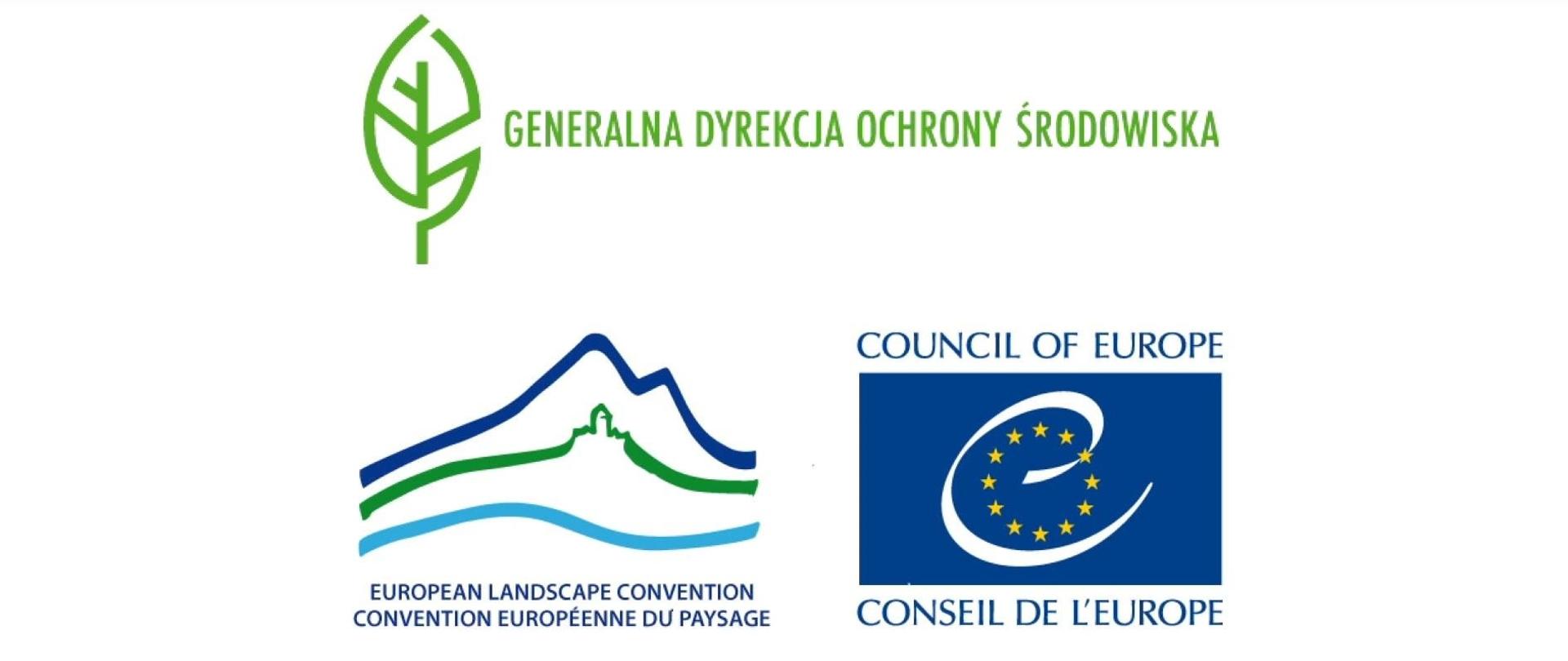 Kolaż wykonany z 2 logotypów: zielonego listka GDOŚ, wzgórz Europejskiej Konwencji Krajobrazowej i Council of Europe