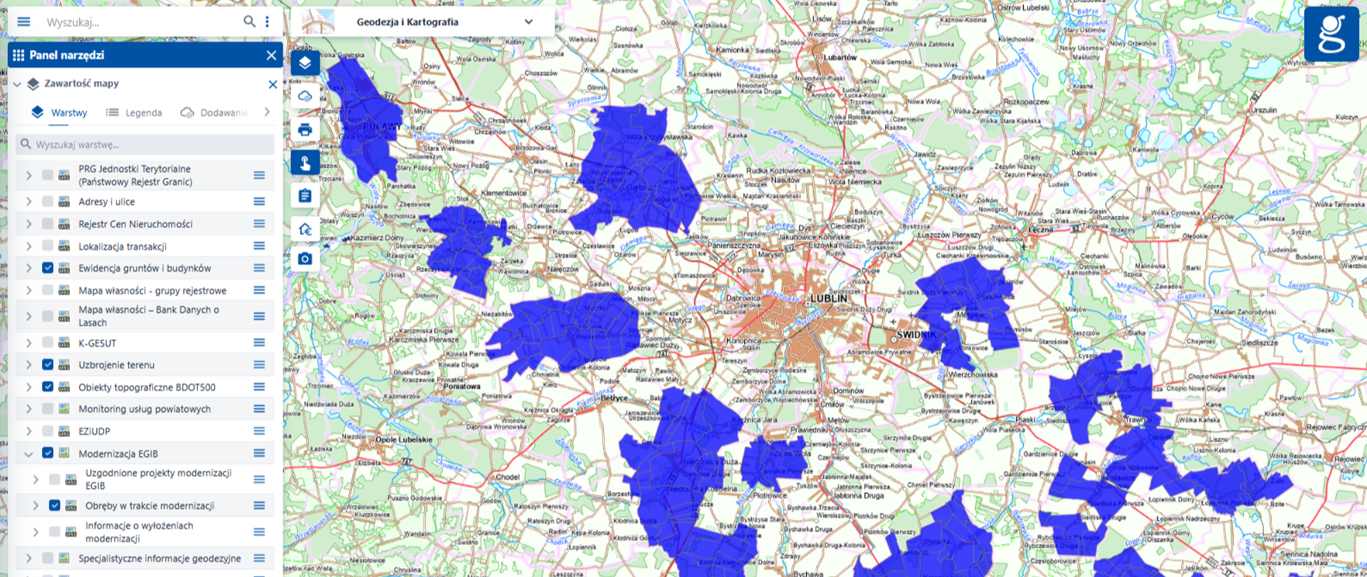 Zrzut z geoportalu lokalizacji usługi dot. prowadzonych na bieżąco modernizacji.