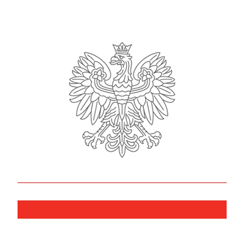 Logotyp MSZ - orzeł na białym tle z flagą Polski poniżej