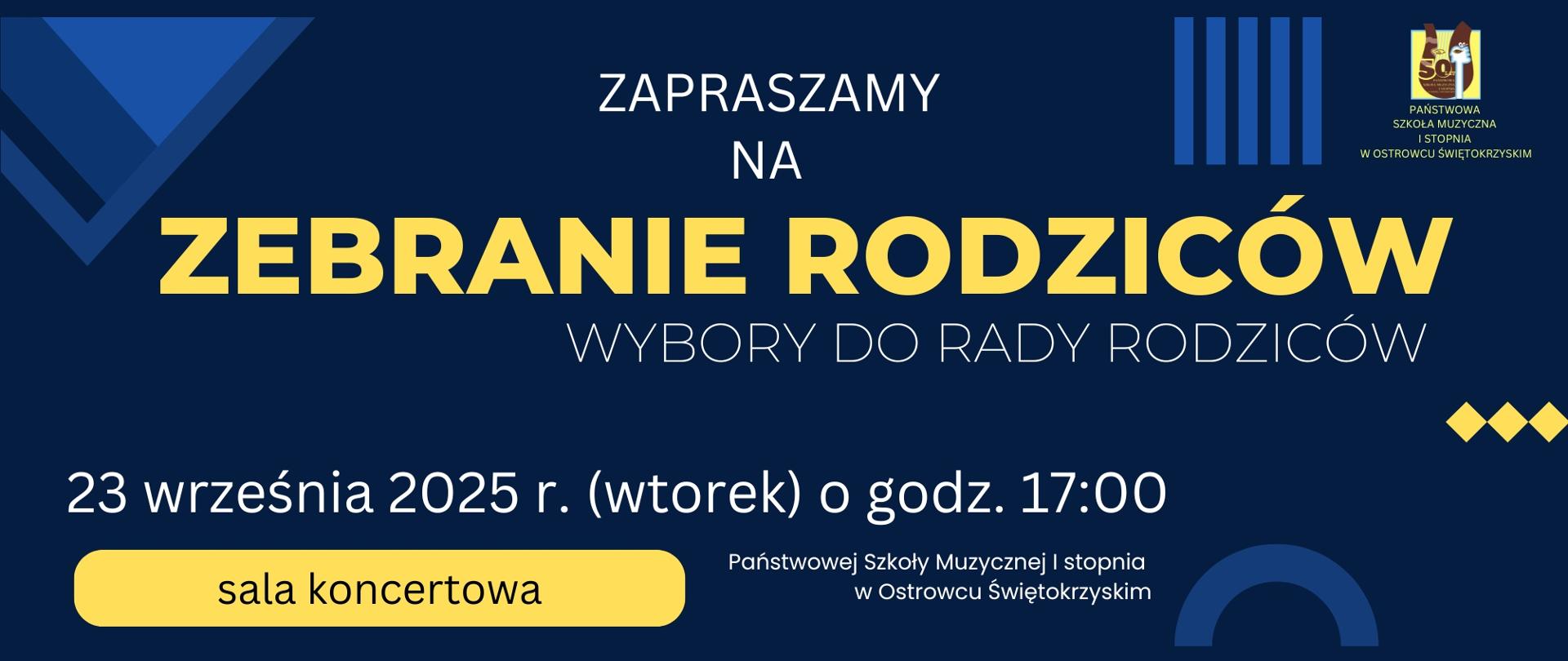 informacja o zebraniu rodziców, litery w kolorze białym na granatowym tle w niebieskimi elementami graficznymi