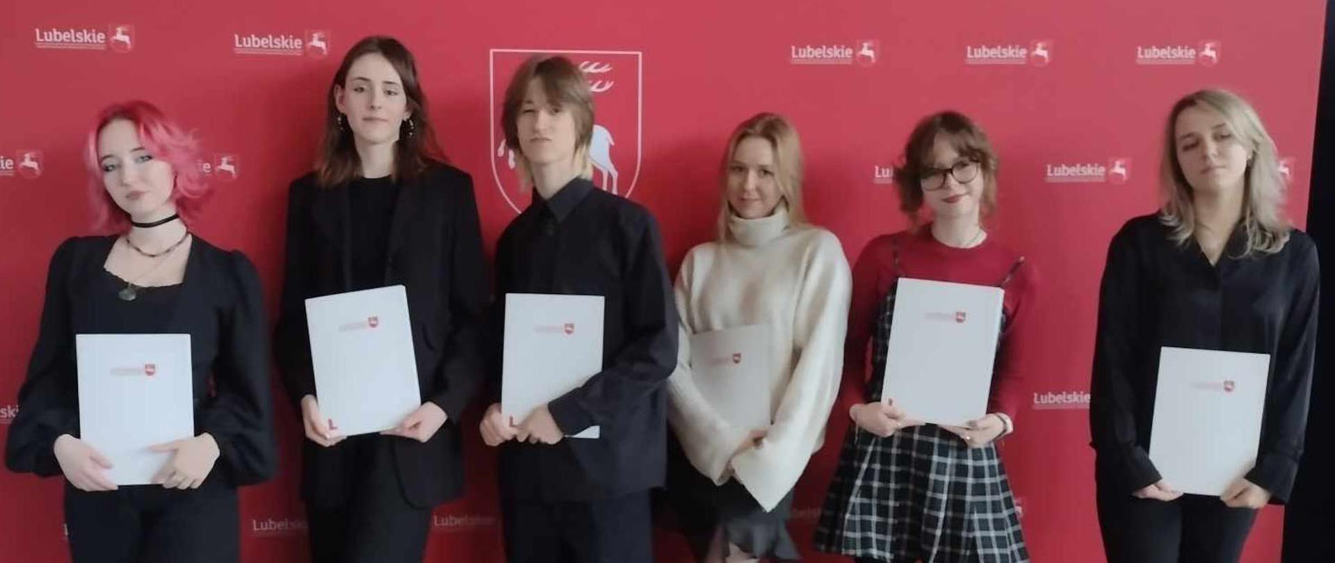 Sześć osób – pięć dziewcząt i chłopak (trzeci od lewej). Elegancko ubrani, w rękach każde z nich trzyma dyplom. W tle ścianka fotoreporterska z tekstem Lubelskie