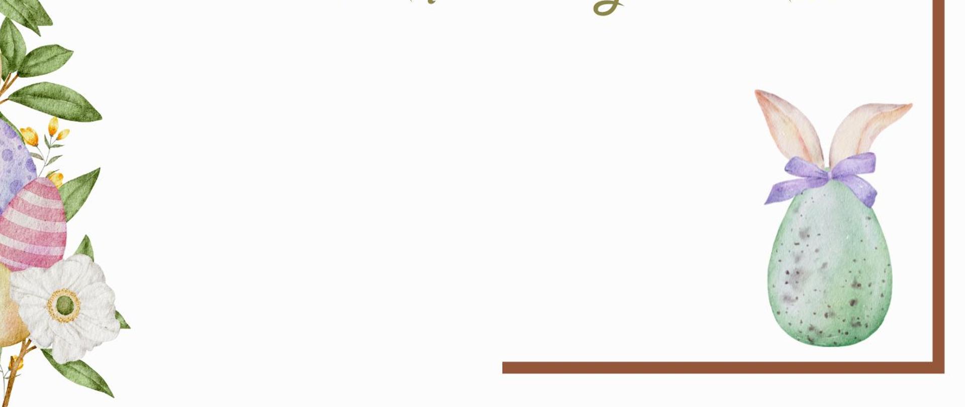 Plakat ma białe tło z ozdobnymi grafikami kwiatów i pisanek po bokach oraz ilustracją zielonego jajka z króliczymi uszami w dolnym rogu. W centralnej części znajduje się życzenia świąteczne zapisane ozdobną, zieloną czcionką. W lewym górnym rogu umieszczono logo Państwowej Szkoły Muzycznej I st. nr 1 w Kędzierzynie-Koźlu.