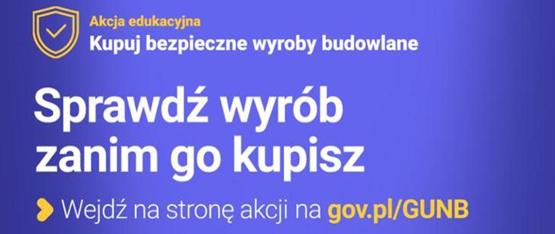 Biały napis sprawdz wyrób zanim go kupisz na niebieskim tle