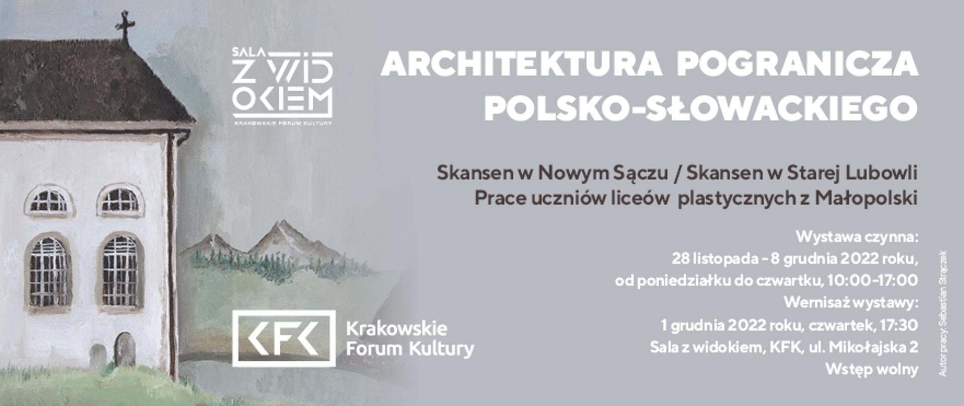 Na plakacie w tonacji bało-szarej od lewej fragment budynku, pejzaż górski, logo organizatora, po prawej tytuł wystawy oraz informacje o wernisażu i terminie w jakim będzie czynna wystawa. Na dole loga sponsorów pleneru.