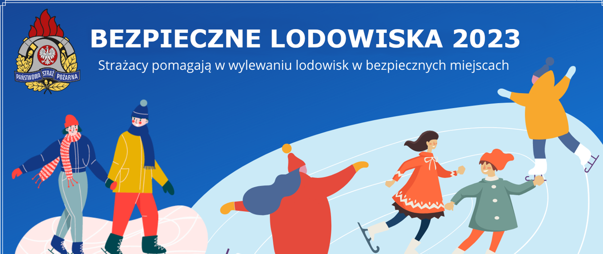 Grafika do akcji "Bezpieczne lodowiska" przestawiająca w sposób animacyjny dzieci bawiące się na lodowisku.