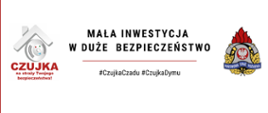 Grafika przedstawiająca logotyp kampanii "Czujka na Straży Twojego Bezpieczeństwa" na białym tle. Po lewej stronie czujka dymu pod daszkiem. W środku czarny napis "mała inwestycja w duże bezpieczeństwo". Po prawej stronie logotyp Państwowej Straży Pożarnej w kolorze.