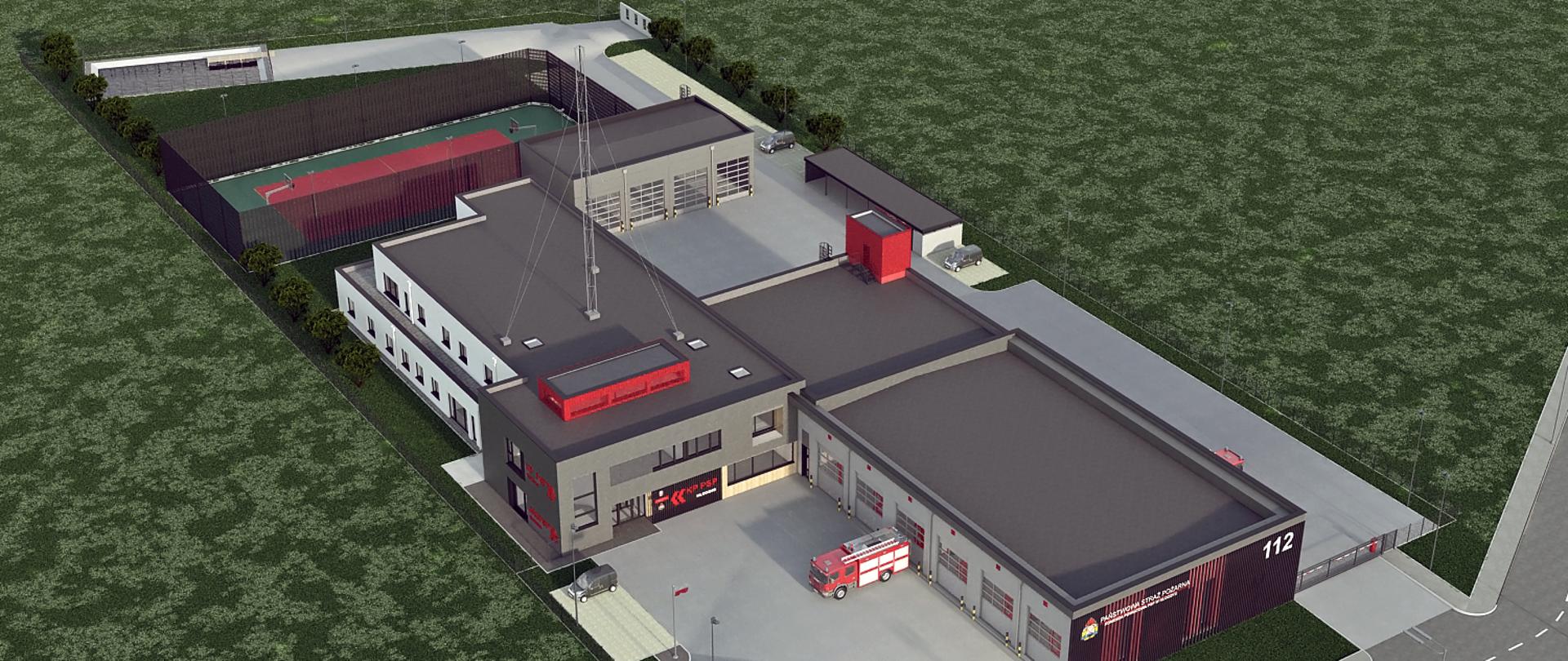 Wizualizacja nowego obiektu Komendy Powiatowej Państwowej Straży Pożarnej oraz Jednostki Ratowniczo-Gaśniczej w Kłodzku