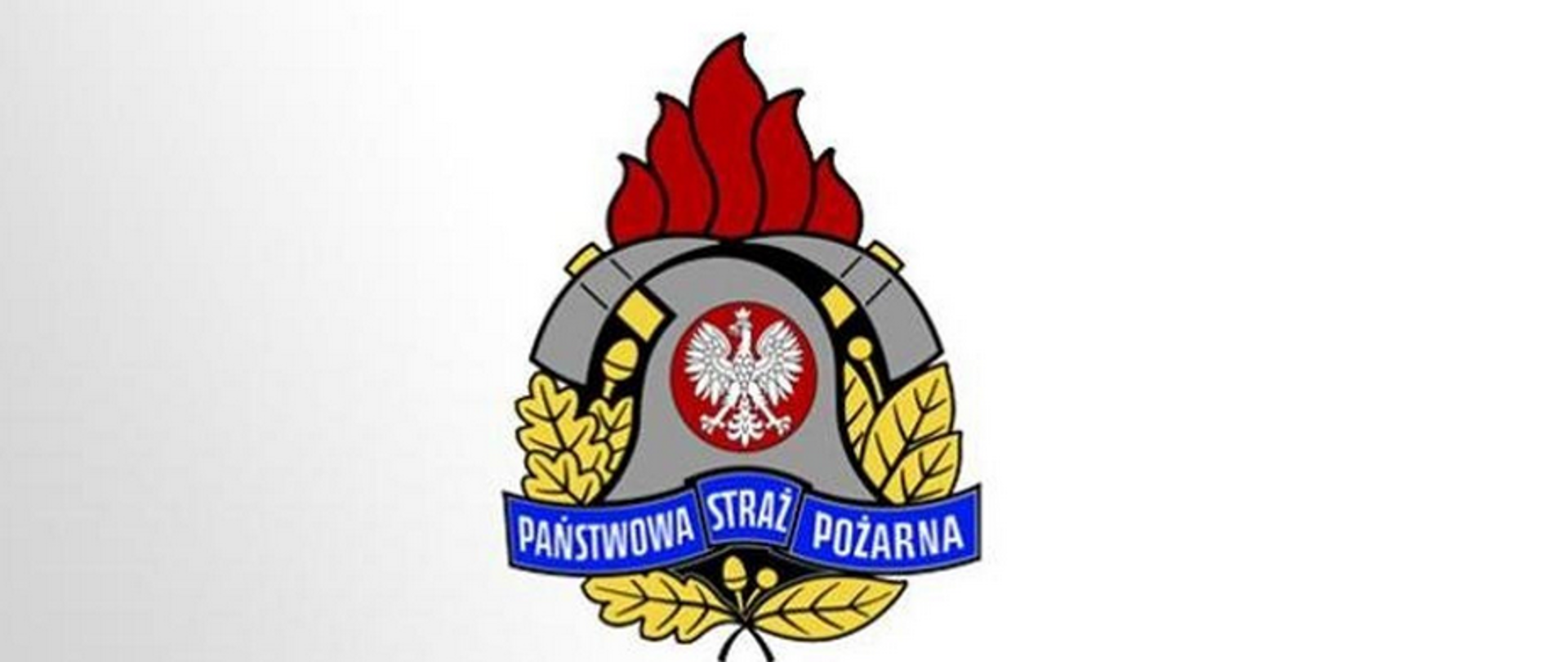 Oficjalne logo Państwowej Straży Pożarnej przedstawiające płomień, hełm strażacki, godło Rzeczypospolitej Polskiej oraz napis „Państwowa Straż Pożarna”.