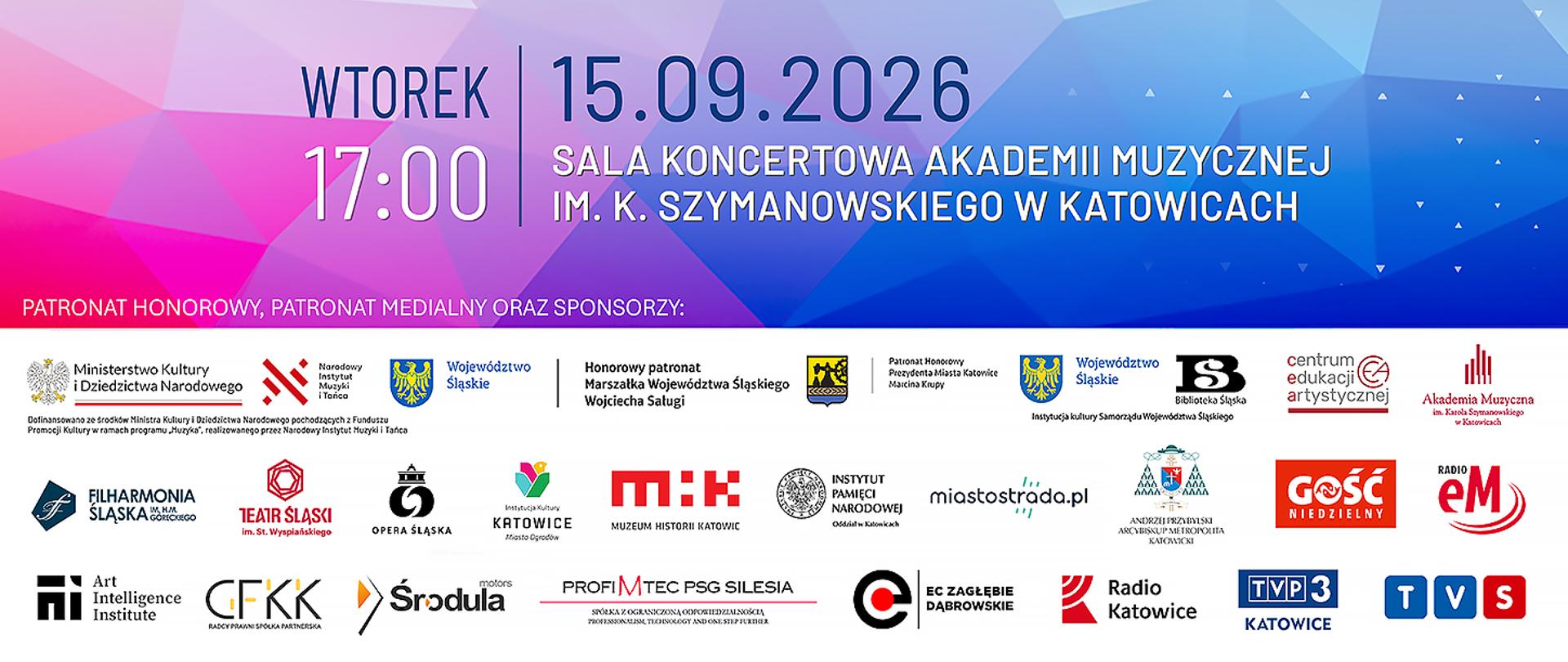 Plakat wydarzenia „Wielki Bieg Jubileuszowy” z okazji 80-lecia PSM Karłowicz w Katowicach (1946–2026). Data: 17.09.2026, lokalizacja: Dolina 3 Stawów. Grafika przedstawia kolorowe sylwetki trzech biegaczy na ciemnoniebieskim tle oraz hasło „Z miłości do muzyki”.