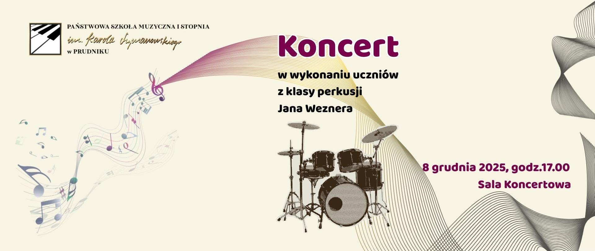 Baner z informacją o koncercie. Na jasnym tle napisy oraz grafika przedstawiająca perkusję.