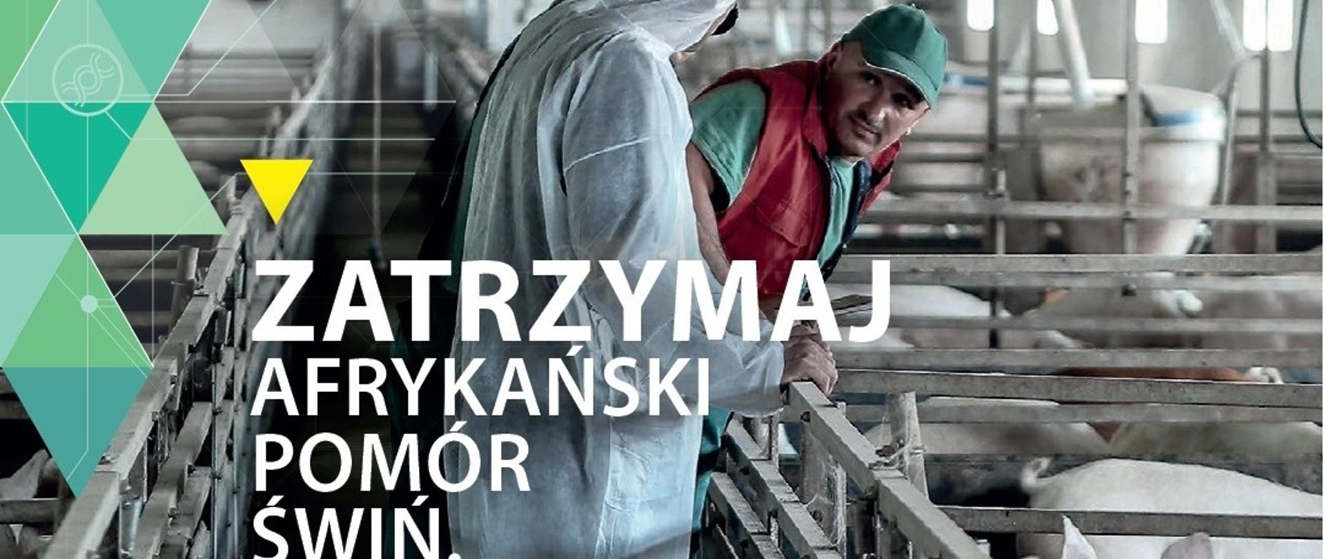 Zdjecie obory z hodolą świń na środku dwie osoby i napis Zatrzymaj ASF