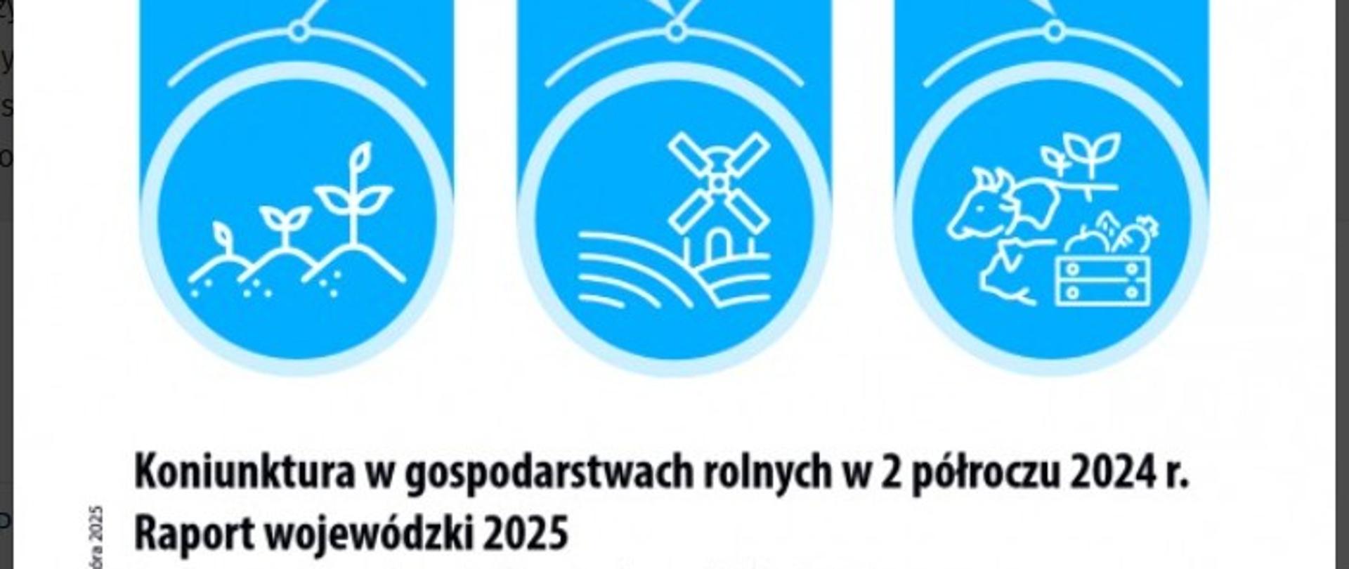 Infografika GUS na białym tle trzy piktogramy w niebieskich słupkach i napis Koniunktura w gospodarstwach rolnych w 2 półroczu 2024 r.