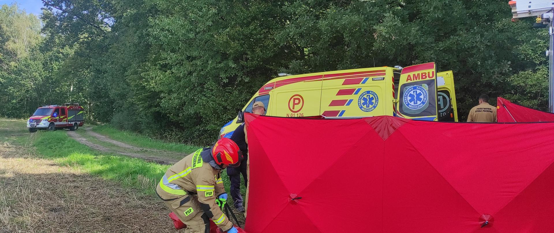 Na zdjęciu strażacy rozkładają czerwony parawan. Za nimi stoi żółta karetka a z lewe strony w oddali widać samochód strażacki.