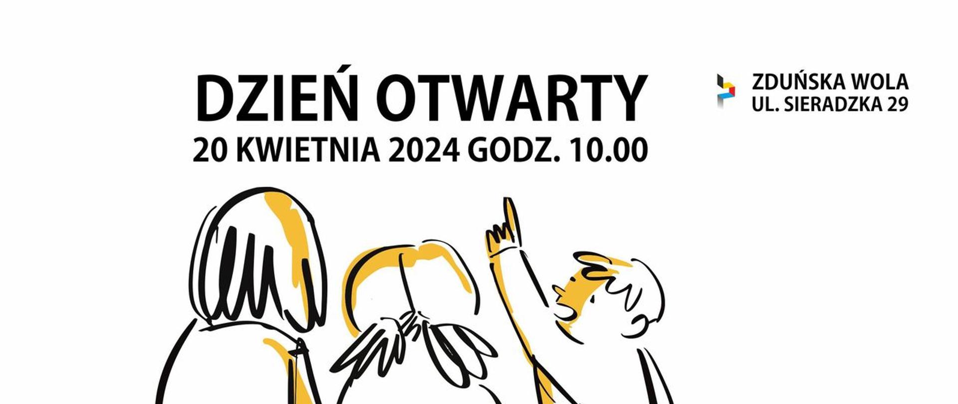 Baner: na białym tle troje dzieci patrzy na napis: Dzień Otwarty 20 kwietnia 2024 godz. 10.00 w prawym rogu logo i dane adresowe PLSP