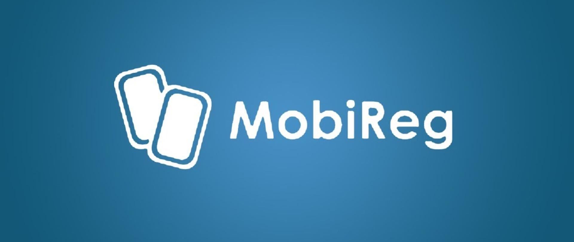 Na niebieskim tle, na środku plakatu dwa prostokąty nakładające się na siebie obok nazwa dziennika elektronicznego - MOBIREG.