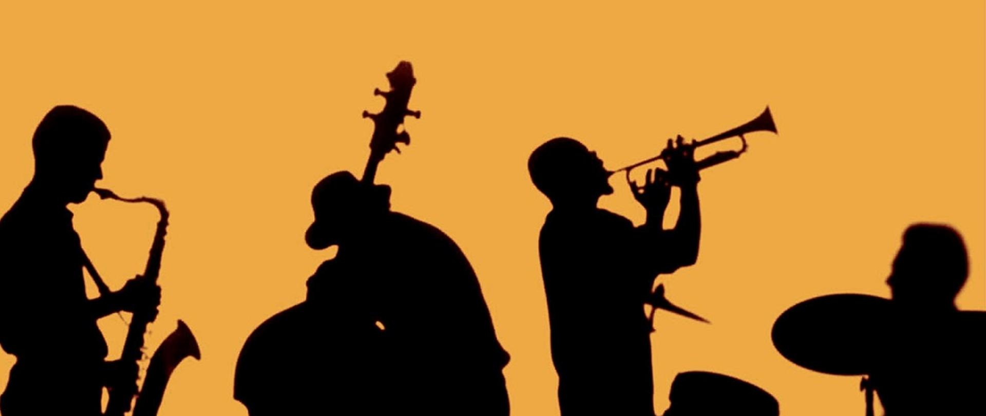Sylwetki muzyków czarne na pomarańczowym tle, napis Vii Makroregionalne Prezentacje I Warsztaty Improwizacji Jazzowej