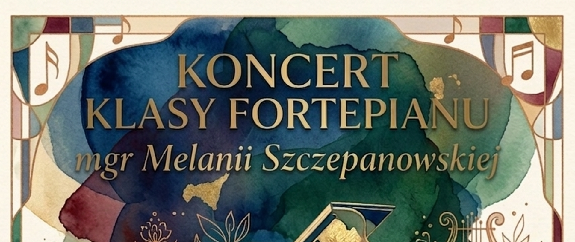 Plakat, na którym w jego górnej części znajduje się napis KONCERT KLASY FORTEPIANU mgr Melanii Szczepanowskiej, poniżej znajduje się fantazyjna grafika przedstawiająca kolorowy fortepian stojący na pofalowanej klawiaturze fortepianu. Pod grafiką znajduje się ramka z białym tłem, w której wpisane zostały informacje: 24 kwietnia 2026 godz. 17:30 sala kameralna Państwowa Szkoła Muzyczna I stopnia im. W. Lutosławskiego. Ramka wokół plakatu jest jakby złożona z witrażowych szkieł w kolorach granatowym, bordowym, zielonym, beżowym oraz złotym. Na plakacie znajdują się grafiki przedstawiające złote nuty oraz różne motywy roślinne. 
