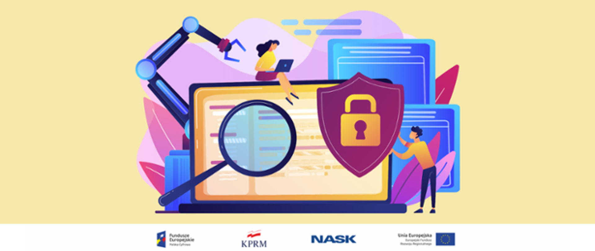 Kolorowa grafika wektorowa (żółte tło, żółto-niebiesko-fioletowa tonacja elementów graficznych). W centrum laptop, na tle jego ekranu elementy kojarzące się z bezpieczeństwem (lupa, kłódka), Z boku mężczyzna podtrzymujący symbol kłódki, na górze siedzi kobieta korzystająca z komputera.