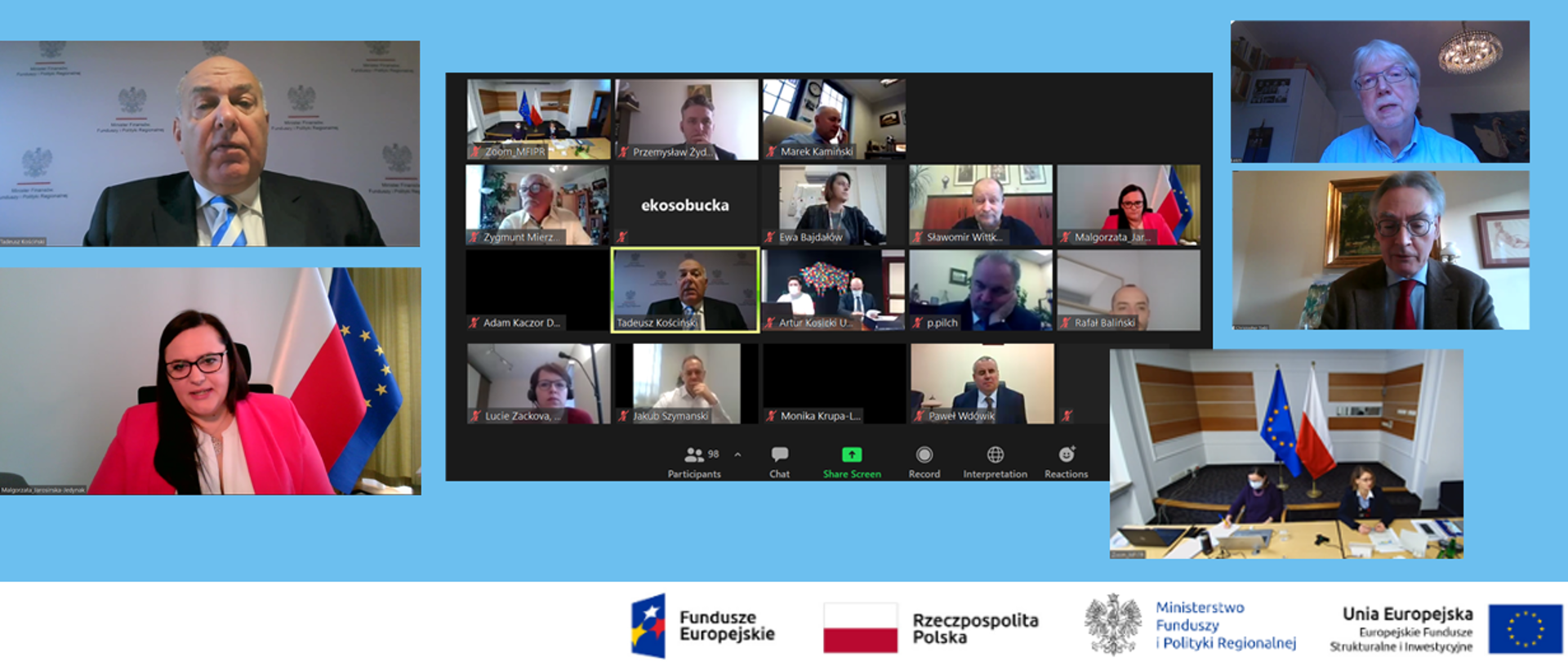 Na grafice prtscr ze zdalnego posiedzenia Komitetu do spraw Umowy Partnerstwa. Z lewej strony zdjęcia: ministra Tadeusza Kościńskiego, poniżej wiceminister Małgorzaty Jarosińskiej-Jedynak.