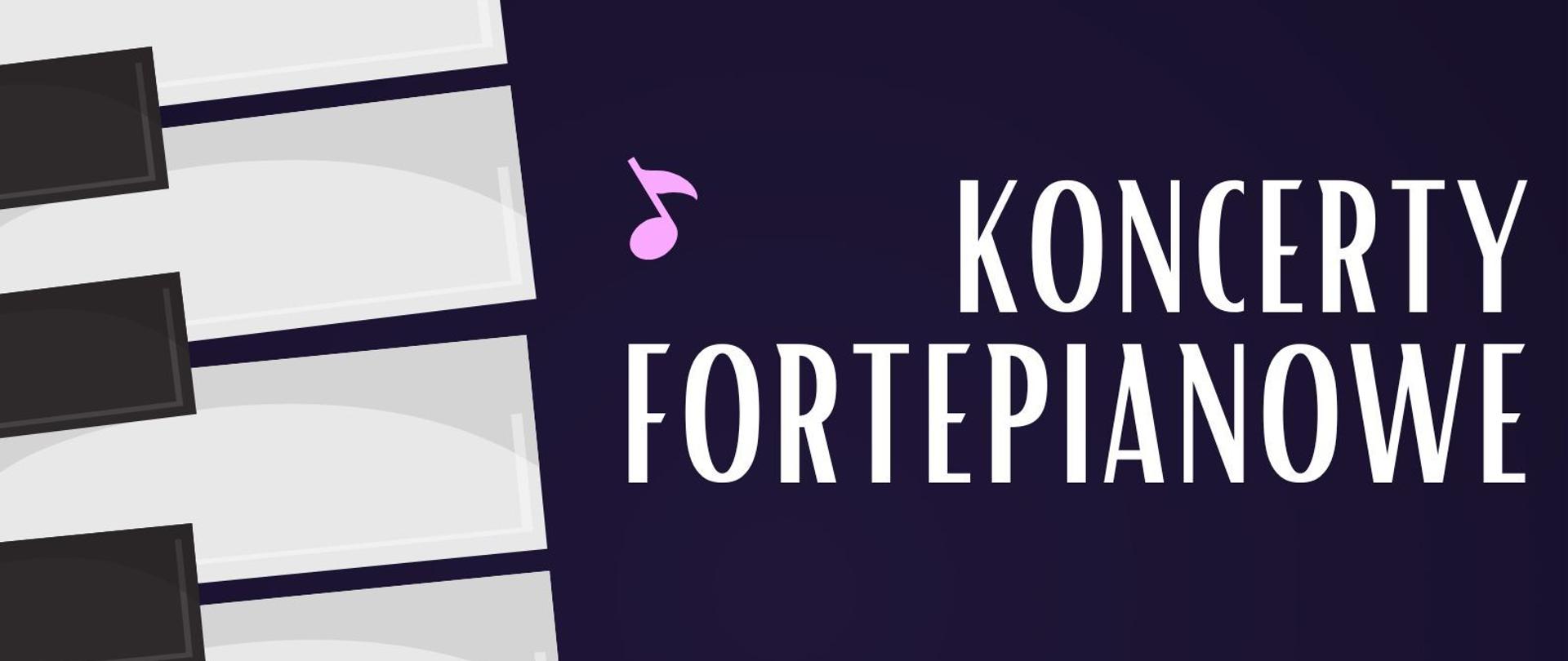 Grafika - afisz. Tło czarne. Z lewej strony stylizowana klawiatura fortepianu., obok kilka nutek. W górnym prawym rogu logo PSM Nysa. poniżej kolejno napisy: KONCERTY FORTEPIANOWE w wykonaniu uczniów z klasy Bogusławy Kos piątek, 28 kwietnia 2023 godz. 15.30, piatek, 5 maja 2023 godz. 16.20 Sala Koncertowa im. Jerzego Kozarzewskiego.