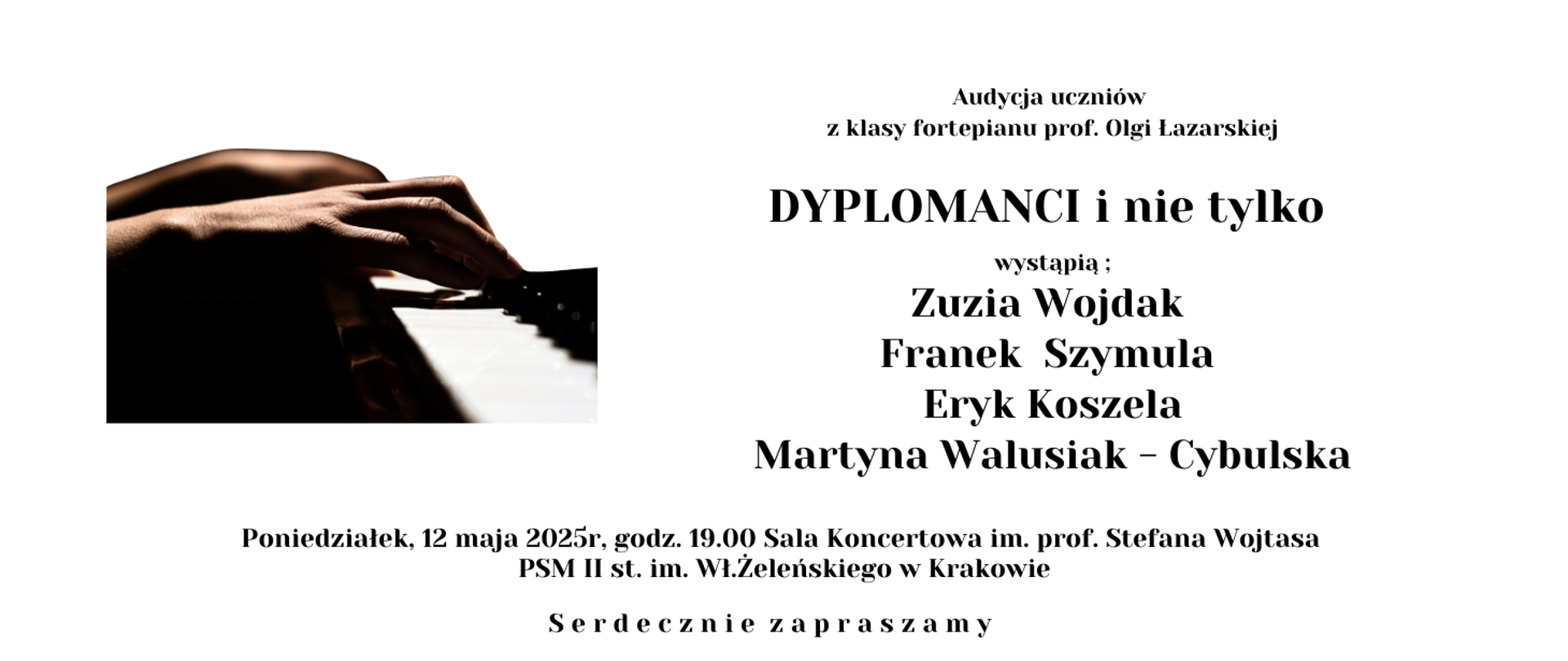 Audycja fortepianowa 12.05.2025 godz.19.00 grafika ręce na klawiaturze