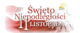 Grafika na białym tle z tekstem kolorze czerwonym "Święto Niepodległości" na biało poniżej "11 listopada" w tle flaga biało-czerwona, a z prawej fragment godła polskiego. 