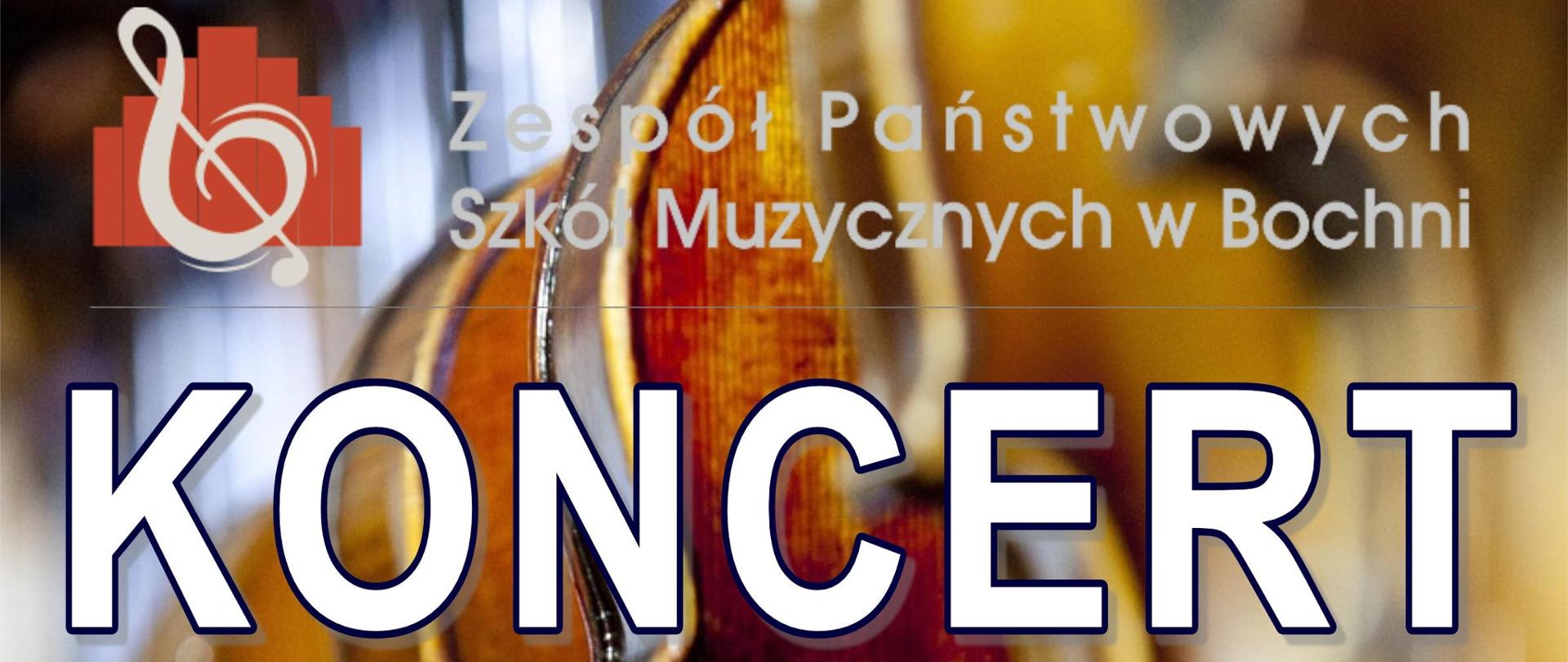 Afisz informujący o koncercie Orkiestr Smyczkowych oraz Orkiestr Dętych ZPSM w Bochni. Brązowe tło z elementami pudeł rezonansowych skrzypiec ustawionych w rzędzie. U góry znajduje się logo ZPSM w Bochni, poniżej białymi literami napis Koncert Orkiestr Smyczkowych, Orkiestr Dętych Zespołu Państwowych Szkół Muzycznych w Bochni. W części dolnej napis Sala koncertowa ZPSM w Bochni, 20 czerwca 2024 godz. 18:00.