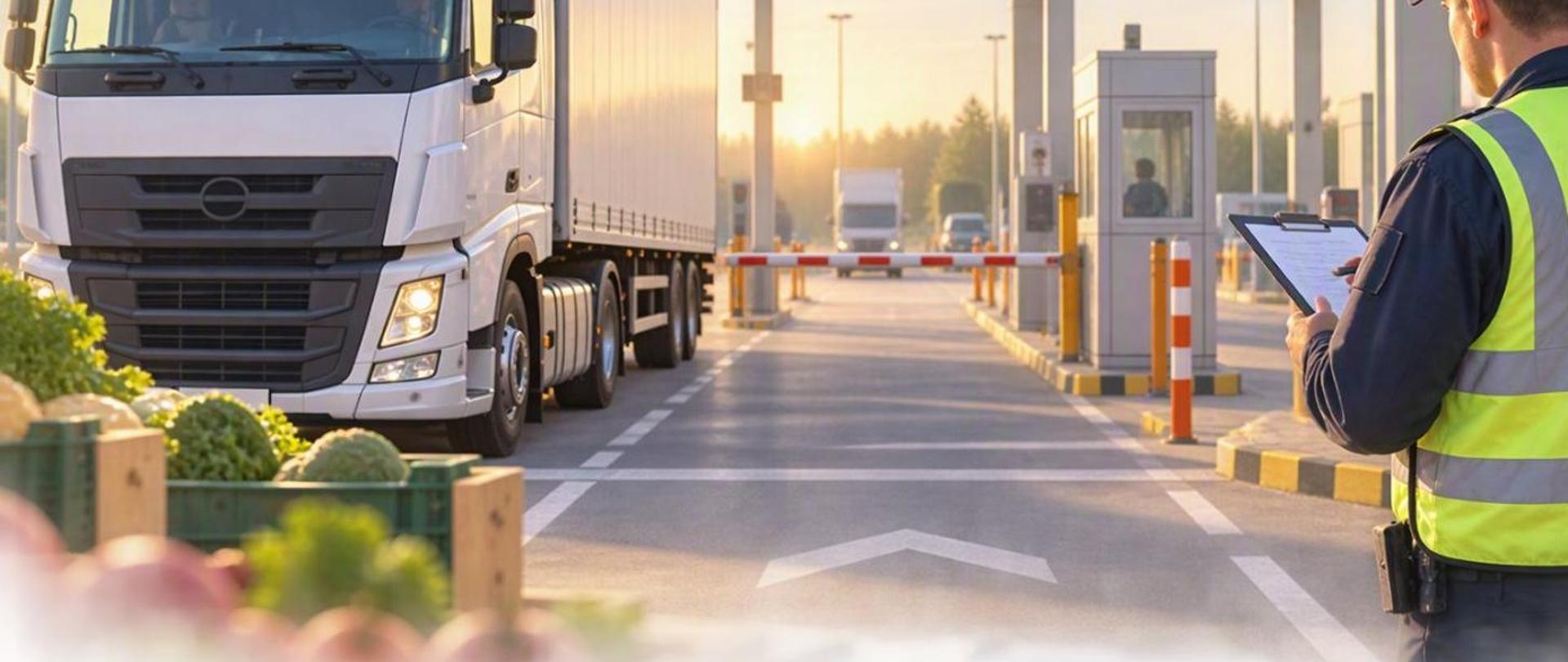 Biała ciężarówka oczekuje przed szlabanem na terenie punktu kontroli transportu. Pracownik w kamizelce odblaskowej sprawdza dokumenty przewozowe. W tle widać budkę kontrolną, oznakowanie drogowe i inne pojazdy. Scenę oświetla ciepłe światło zachodzącego słońca.