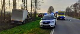 Wypadek Rogowo-Folwark. Na zdjęciu ciężarówka, która zjechała do rowu i uderzyła w drzewo. Na drodze stoją samochody policji, pogotowia i straży pożarnej.