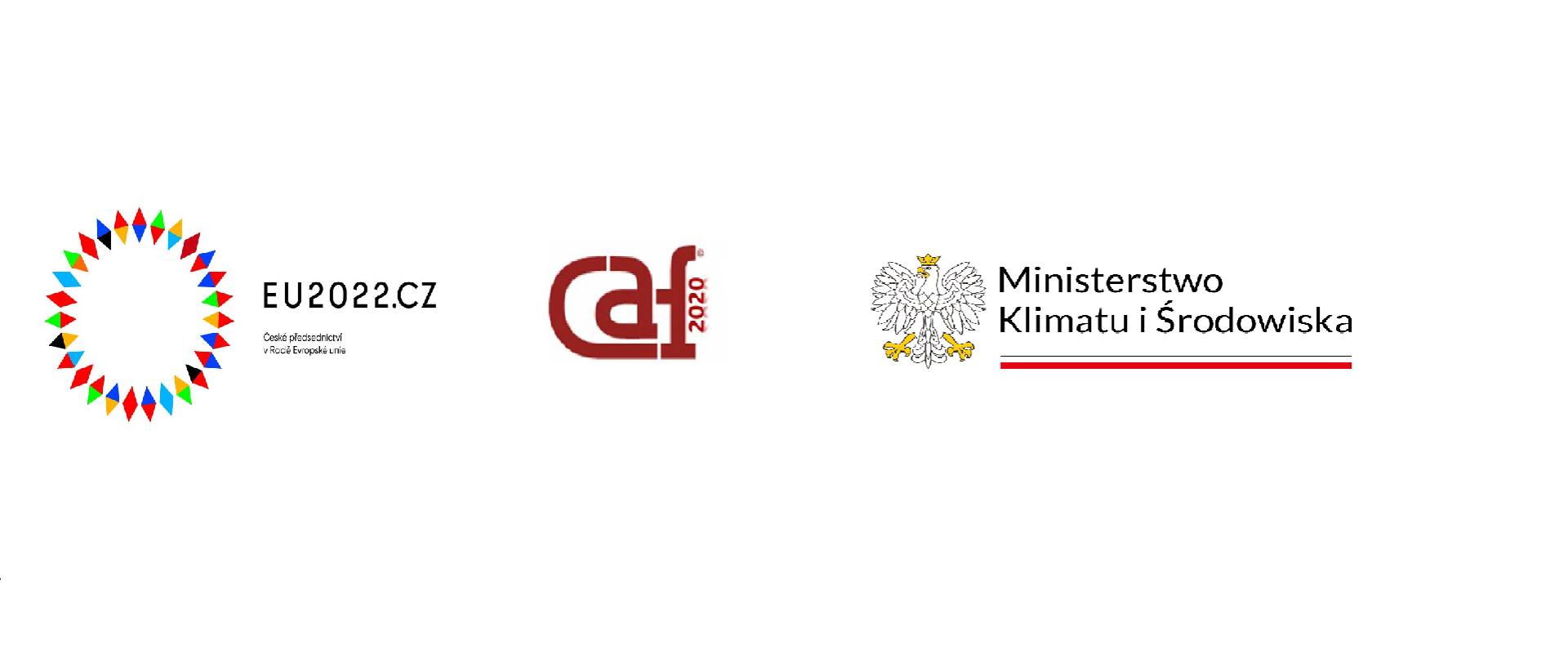 Obraz prezentuje logo Prezydencji Republiki Czeskiej w Radzie UE, logo CAF2020, logo Ministerstwa Klimatu i Środowiska