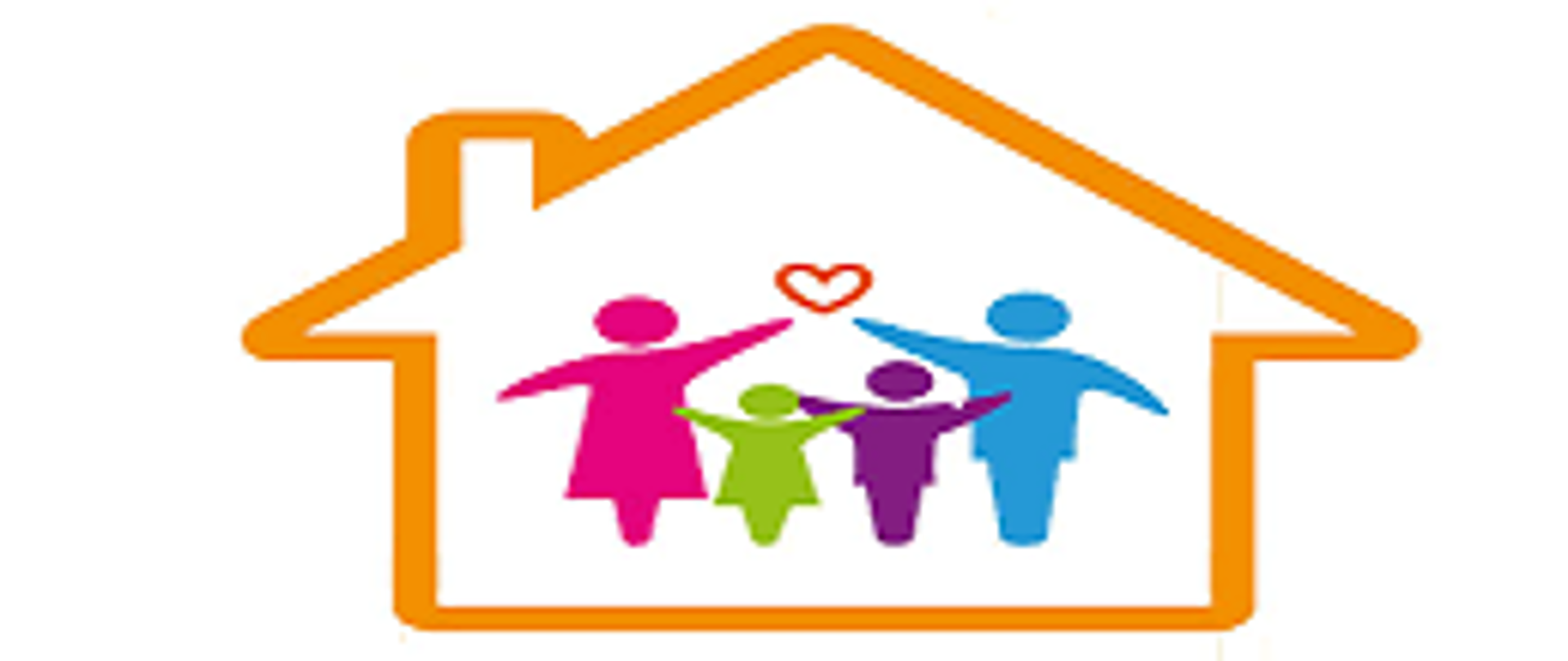 grafika przedstawiająca czteroosobową rodzinę - stojące z uniesionymi rękami sylwetki rodziców i dzieci, nad nimi serce, całość znajduje się wewnątrz szablonu domku 