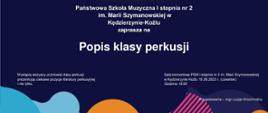 Plakat informujący o popisie klasy perkusji, białe litery na czarnym tle
