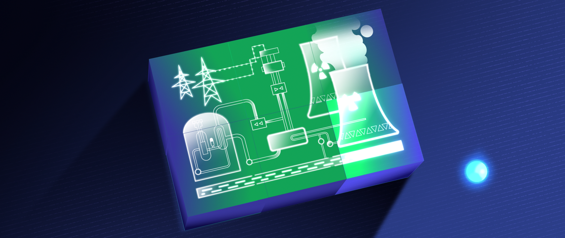 Grafika obrazująca elektrownię jądrową. Białe elementy elektrowni umieszczono na zielonym, przestrzennym prostopadłościanie. Całość znajduje się na cieniowanym granatowo-fioletowym tle. 