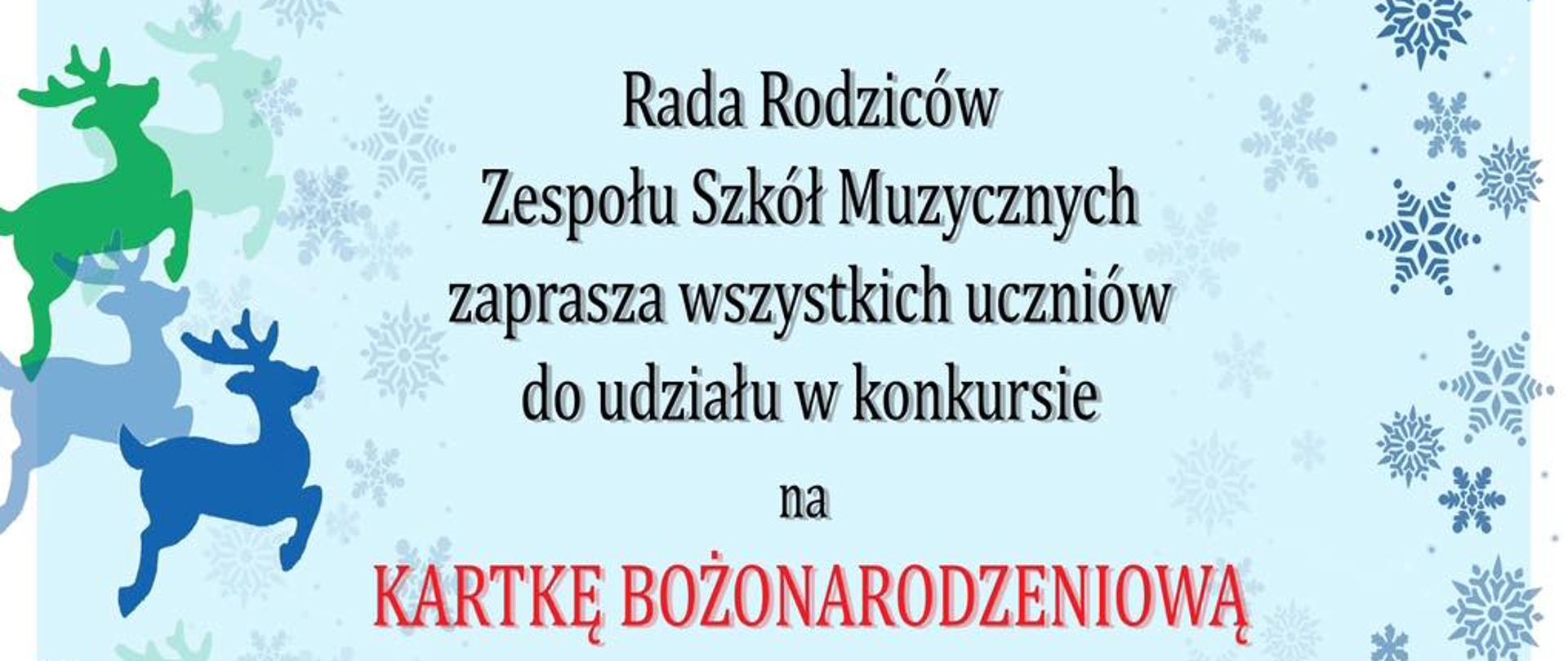 Grafika na błękitnym tle. Z lewej strony grafika reniferów, z prawej śnieżki. 