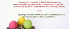pisanki w kolorach: zielonym, żółtym i różowym oraz życzenia na stronie